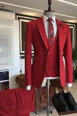 Red Bespoke Three Pieces Peaked Lapel Men's Prom Suits-Ballbella