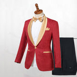 Red Jacquard One Button Wedding Men Suits with Gold Lapel-Ballbella