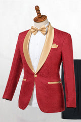 Red Jacquard One Button Wedding Men Suits with Gold Lapel-Ballbella