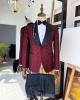 Red Jacquard Wedding Suit with Navy Shawl Lapel and Pants-Ballbella