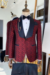 Red Jacquard Wedding Suit with Navy Shawl Lapel and Pants-Ballbella