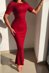 Red Jewel Short-Sleeve Mermaid Glitter Evening Dresses-Ballbella