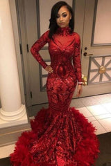 Red Mermaid Sequins Long Sleevess High Neck Prom Dresses-Ballbella