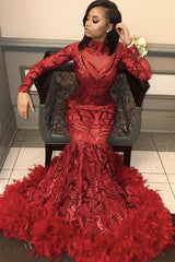 Red Mermaid Sequins Long Sleevess High Neck Prom Dresses-Ballbella