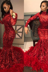 Red Mermaid Sequins Long Sleevess High Neck Prom Dresses-Ballbella