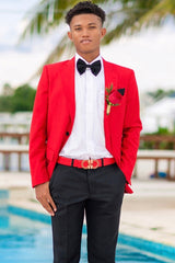Red Notched Lapel Two-Button Prom Suit with Black Pants-Ballbella