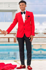 Red Notched Lapel Two-Button Prom Suit with Black Pants-Ballbella