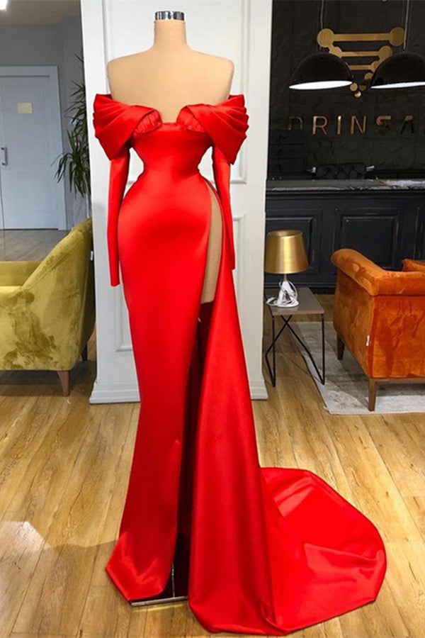 Red Off-the-Shoulder Long Sleeves Prom Dress Mermaid With High Split Red Off-the-Shoulder Long Sleeves Prom Dress Mermaid With High Split