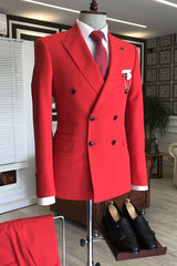 Red Peaked Lapel Double Breasted Bespoke Slim Fit Men's Prom Suits-Ballbella