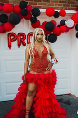 Red Ruffles High Split Sleeveless Mermaid Long Prom Dresses-Ballbella