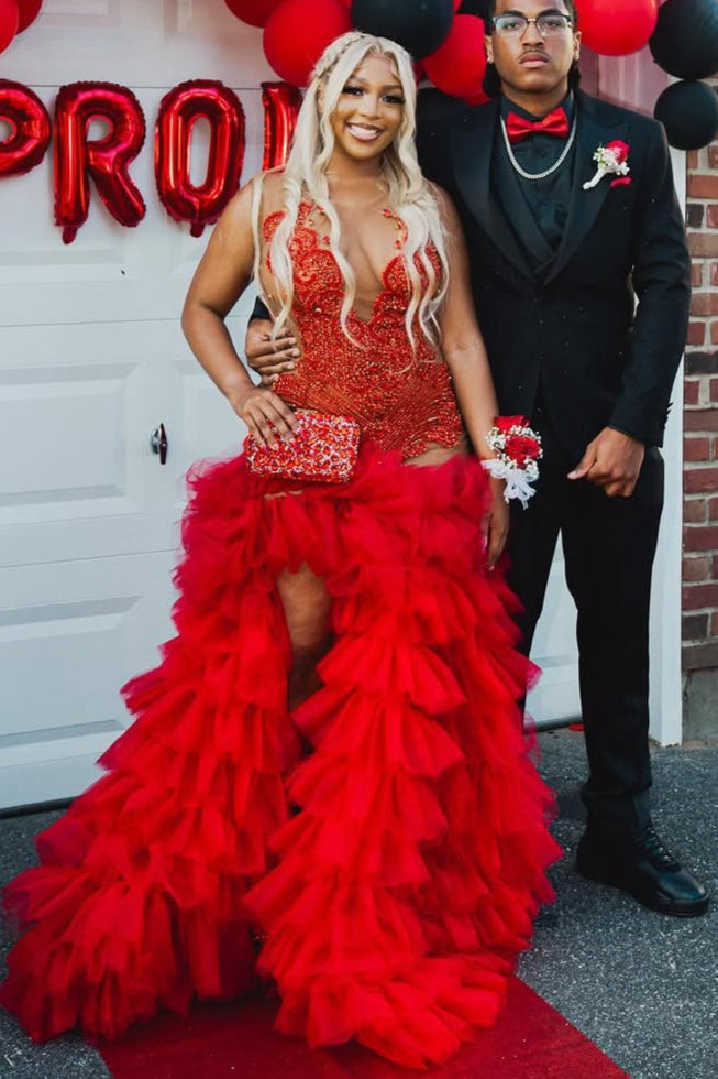 Red Ruffles High Split Sleeveless Mermaid Long Prom Dresses Ballbella Red Ruffles High Split Sleeveless Mermaid Long Prom Dresses Ballbella