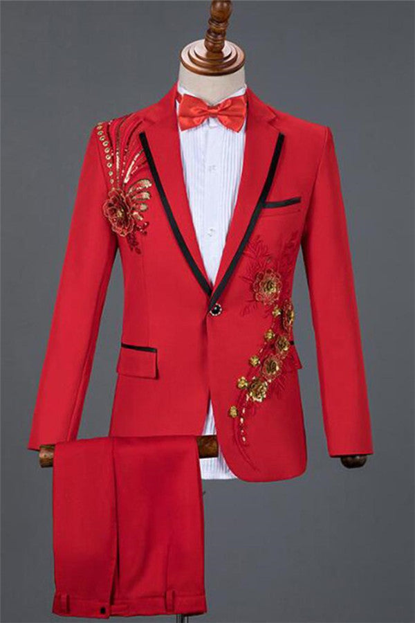 Red Sequin Embroidery Lace Floral Men Tuxedo Designer One Button Men's Prom Suits Online