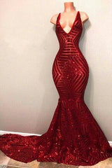 Red Sequins Shiny V-Neck Mermaid Long Prom Dresses-Ballbella
