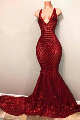 Red Sequins Shiny V-Neck Mermaid Long Prom Dresses-Ballbella
