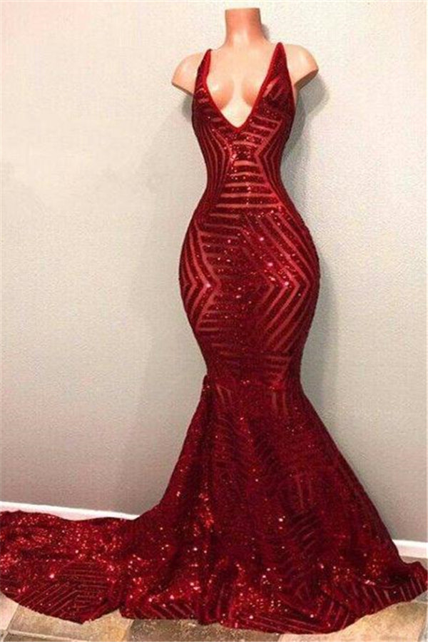 shiny prom dress Red Sequins Shiny V-Neck Mermaid Long Prom Dresses