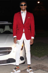 Red Shawl Lapel One-Button Prom Suit with White Pants-Ballbella