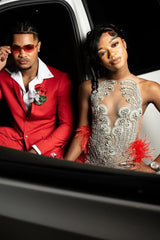 Red Silver Beaded Mermaid Sleeveless Long Mermaid Prom Dresses-Ballbella