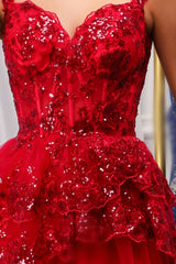 Red Sparkly Corset Tiered Lace A-Line Homecoming Dress-Ballbella