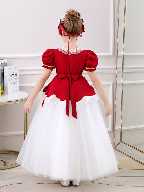 Red Square Neck Short Sleeves Ankle-Length Princess Tulle Flowers Kids Party Dresses, Red / 2-3y