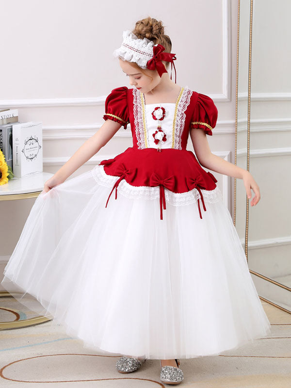 Red Square Neck Short Sleeves Ankle-Length Princess Tulle Flowers Kids Party Dresses, Red / 2-3y Red Square Neck Short Sleeves Ankle-Length Princess Tulle Flowers Kids Party Dresses, Red / 2-3y