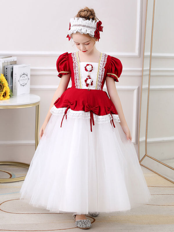 short sleeve princess dress Red Square Neck Short Sleeves Ankle-Length Princess Tulle Flowers Kids Party Dresses, Red / 2-3y