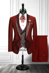 Red Three-piece Stitching Lapel Custom design Double Breasted Waistcoat Men Formal Suit-Ballbella