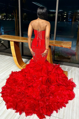 Red V-neck Strapless Ruffles Mermaid Sleeveless Gorgeous Prom Dresses-Ballbella