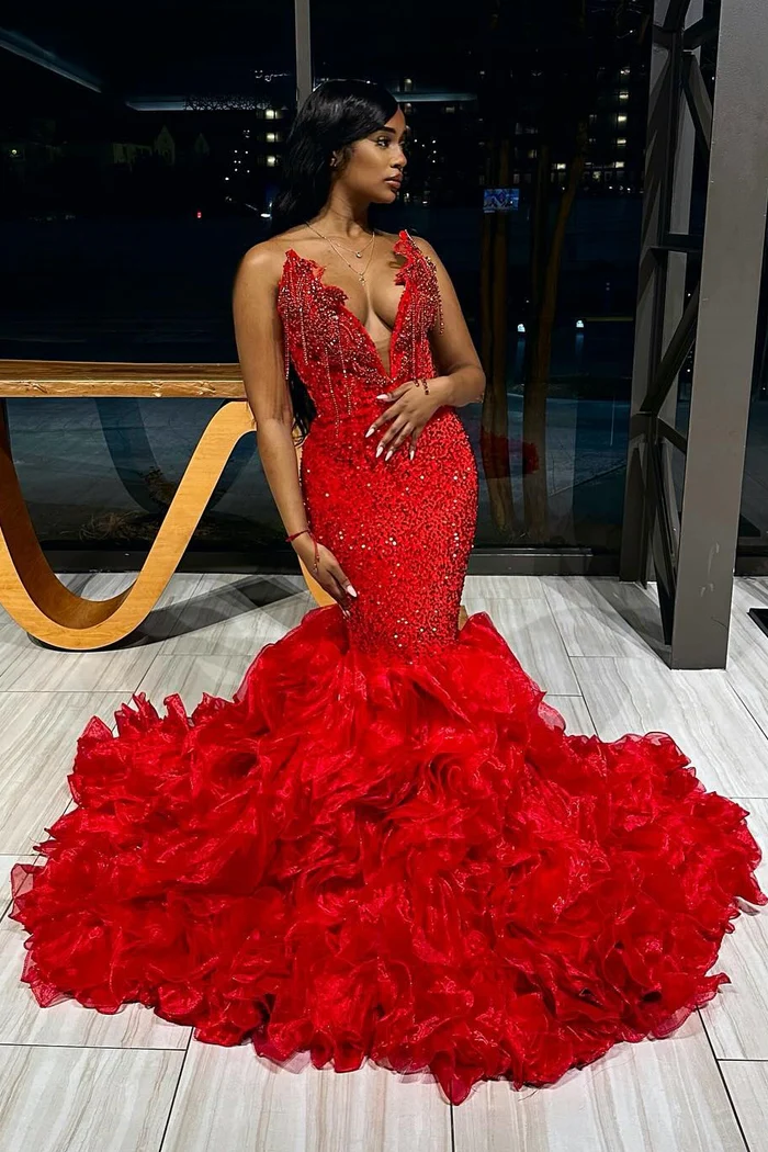 Red V-neck Strapless Ruffles Mermaid Sleeveless Gorgeous Prom
