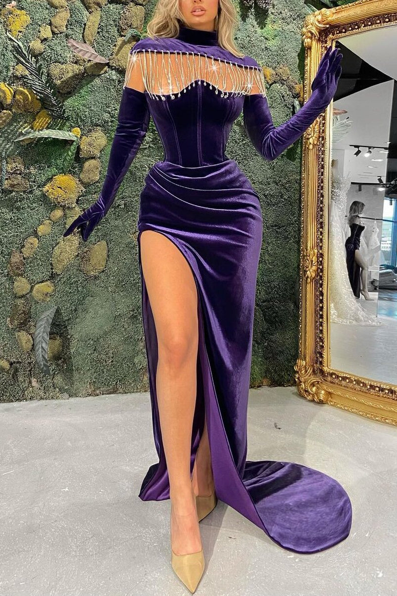 Regency Long Sleeves High Neck Prom Dress Mermaid Long With Slit Regency Long Sleeves High Neck Prom Dress Mermaid Long With Slit