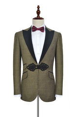 Retro Small Checked Prom Suits Knitted Button Black Peak Lapel Wedding Suits for Men-Ballbella
