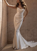 Retro style Trumpet Mermaid Fitted Cowl Neck Silk Like Satin Wedding Dresses-Ballbella