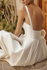 Retro Wedding Dresses Square Neck Sleeveless Satin Fabric Court Train Sash Bridal Dress-Ballbella