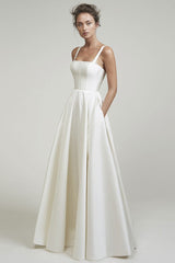 Retro Wedding Dresses Square Neck Sleeveless Satin Fabric Court Train Sash Bridal Dress-Ballbella