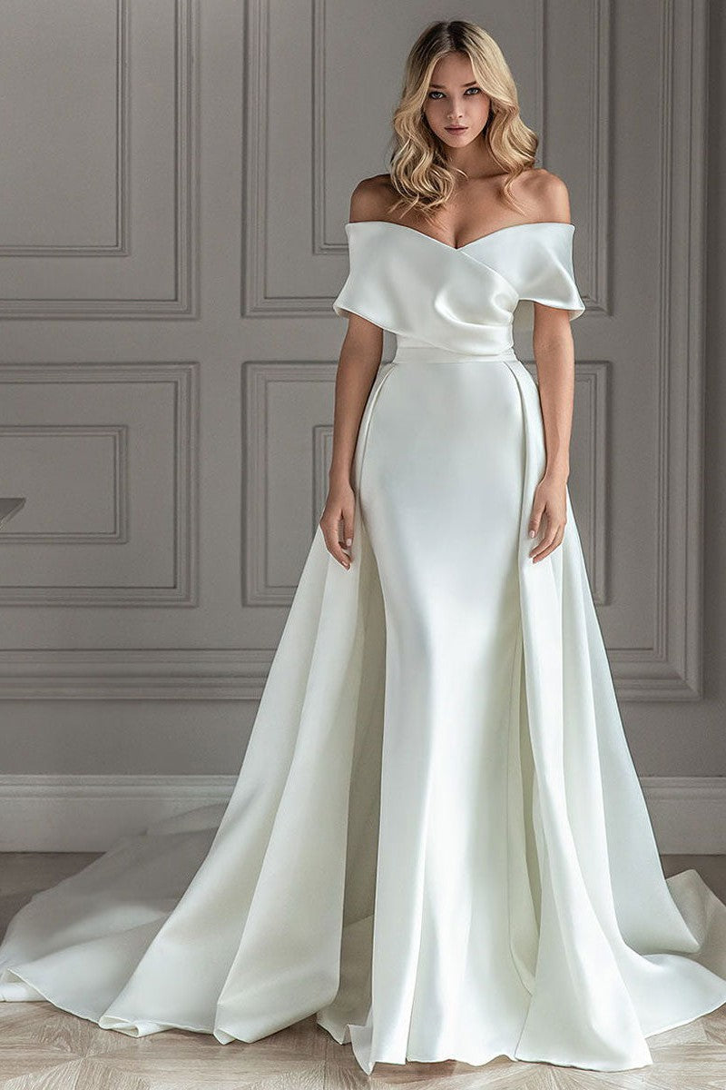 pleated mermaid wedding dress Spaghetti Straps V-neck Pleats Simple Mermaid Satin Wedding Dress Pgmdress