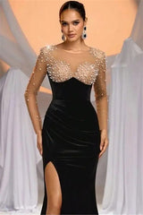 Romantic Black Jewel Long Sleeves Velvet Prom Dresses Mermaid High Split With Pearls-Ballbella