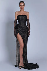Romantic Black Strapless Mermaid Prom Dress High Split With Lace-Up Back Gloves-Ballbella