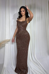 Romantic Chocolate Halter Sleeveless Mermaid Prom Dresses Sheath Long With Pleats-Ballbella