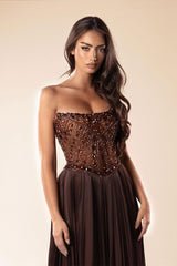 Romantic Chocolate Strapless Sleeveless Chiffon Prom Dresses A-Line Gem With Beads-Ballbella