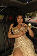 Romantic Gold Strapless Sleeveless Sequins Prom Dresses Mermaid Gem With High Split-Ballbella