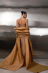 Romantic Gold Sweetheart Strapless Sleeveless Satin Prom Dress Mermaid Beads-Ballbella