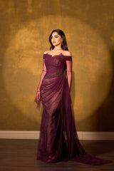 Romantic Grape Sweetheart Off-The-Shoulder Long Sleeves Lace Prom Dress Mermaid Beads With Zipper Ruffles-Ballbella