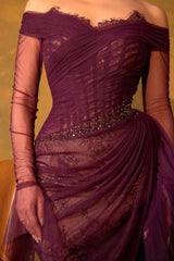 Romantic Grape Sweetheart Off-The-Shoulder Long Sleeves Lace Prom Dress Mermaid Beads With Zipper Ruffles-Ballbella