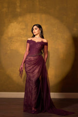 Romantic Grape Sweetheart Off-The-Shoulder Long Sleeves Lace Prom Dress Mermaid Beads With Zipper Ruffles-Ballbella