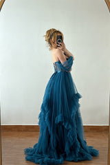 Romantic Ink Blue Off-The-Shoulder Sweetheart Tulle Prom Dress A-Line Pleats With Lace-Up Back-Ballbella