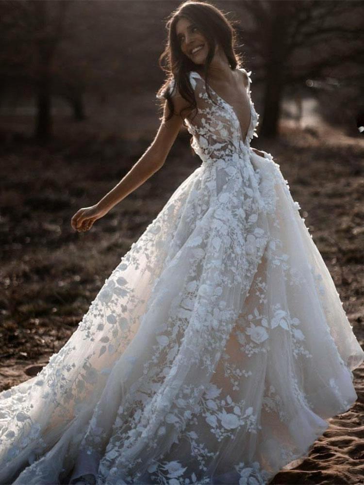 Romantic Ivory Lace Floor length A line Puffy Princess Wedding Dress –  Ballbella
