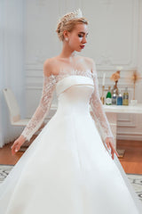 Romantic Lace Long Sleevess Princess Satin Wedding Dress-Ballbella