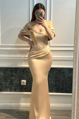 Romantic Off-The-Shoulder Satin Mermaid Prom Dresses Sheath Pleats With Beads-Ballbella