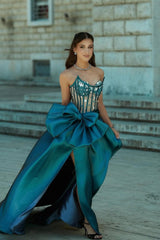 Romantic Peacock Strapless A-line Prom Dresses Gem With High Slit Bowknot-Ballbella