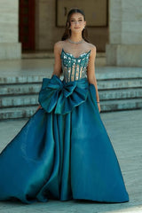 Romantic Peacock Strapless A-line Prom Dresses Gem With High Slit Bowknot-Ballbella
