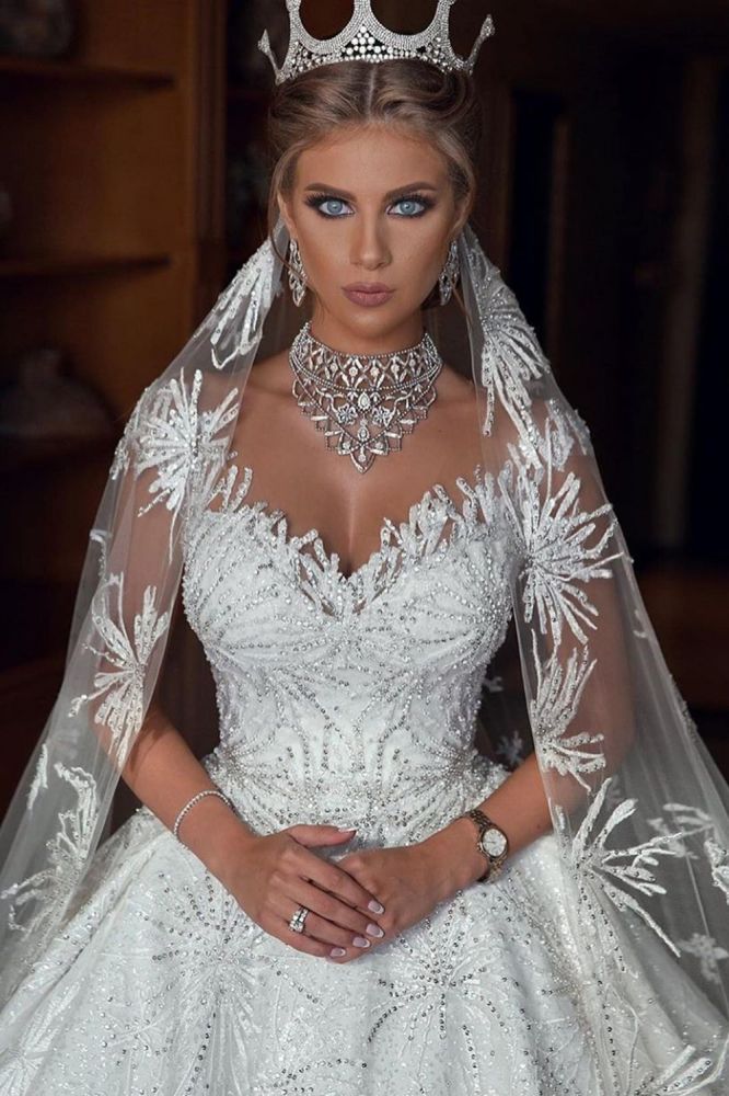 Romantic Sequined Pattern A line Wedding Dress V Neck Sleeveless Crystal Gowns Romantic Sequined Pattern A line Wedding Dress V Neck Sleeveless Crystal Gowns